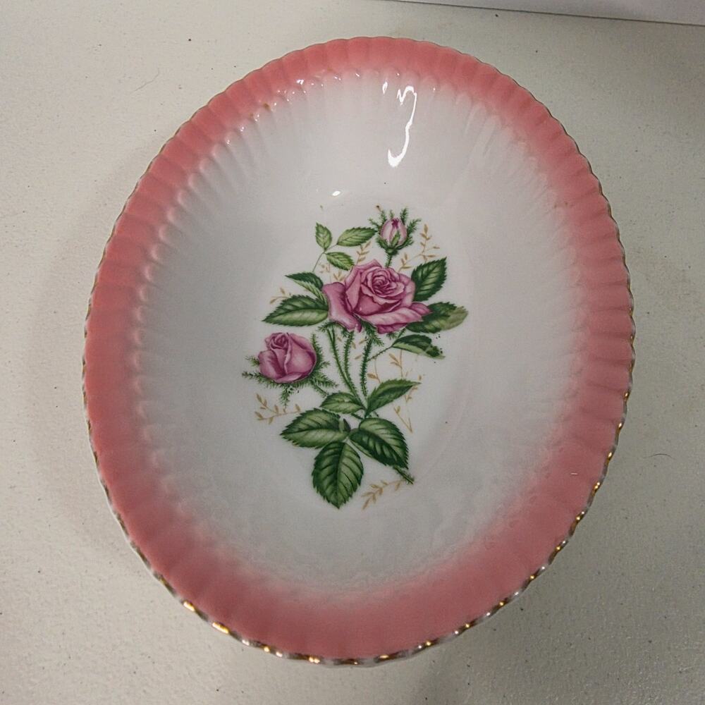 Vintage Pink Rose Floral Serving Bowl Gold Trim Scalloped Edge Porcelain China